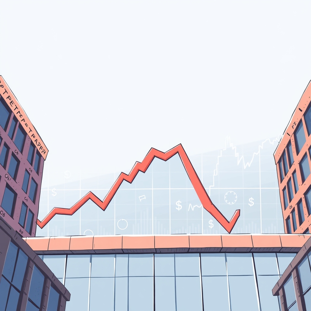 A downward trending graph representing Alphabet's stock performance, with a significant drop indicated. The background features abstract financial elements like currency symbols and stock market charts.