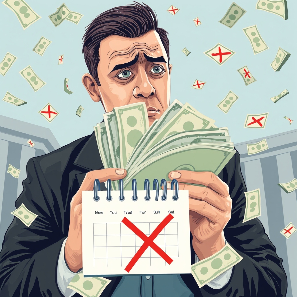 A person holding a stack of bills with a worried expression, surrounded by falling dollar bills and a calendar with a red X marked through a date.
