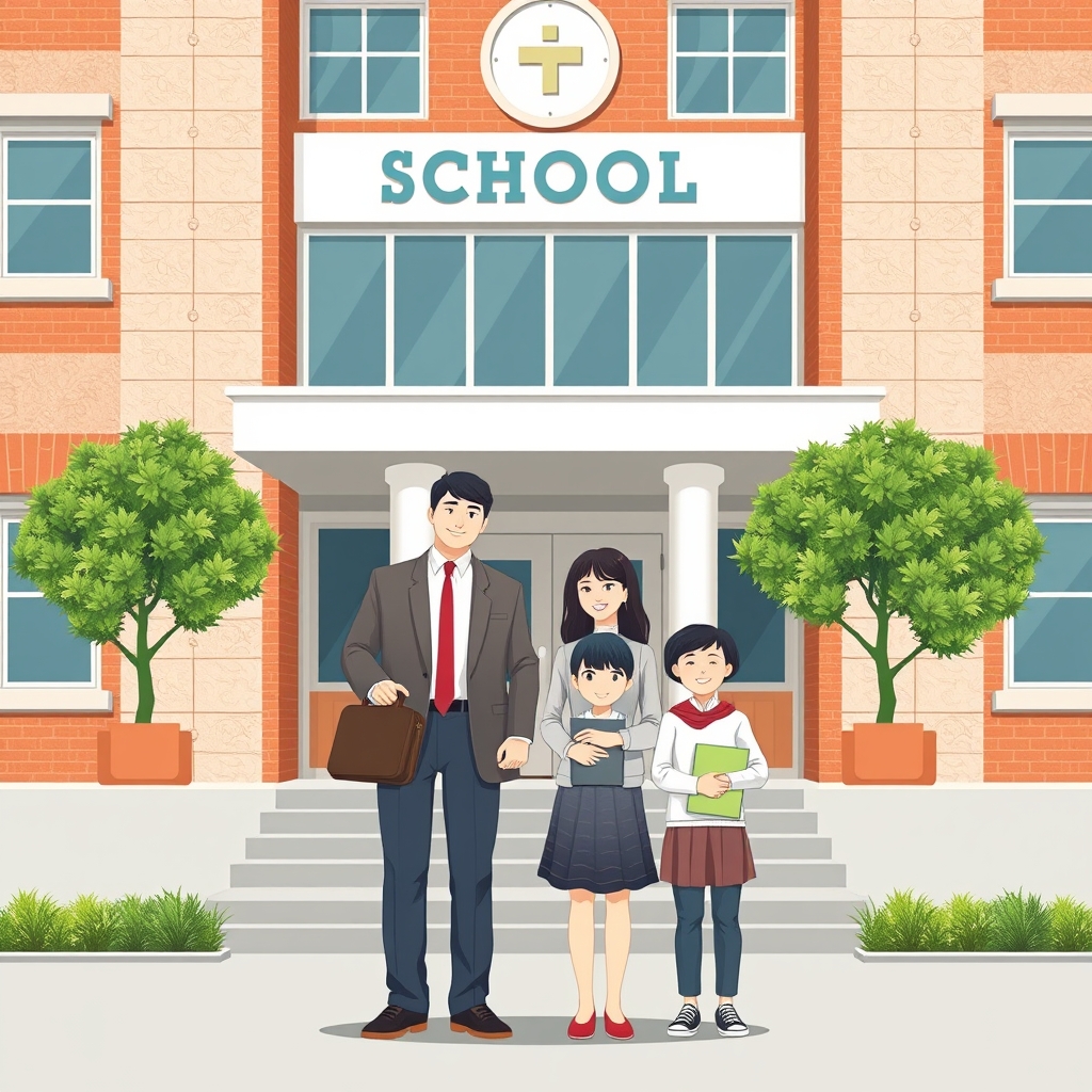 A man and woman with two children, standing in front of a school building, with a man holding a briefcase and a woman holding a folder, conveying a sense of financial responsibility and education.